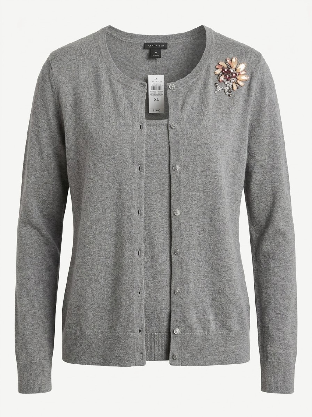 Ann Taylor Gray Embellished Crewneck Cardigan Sweater XL NWT
